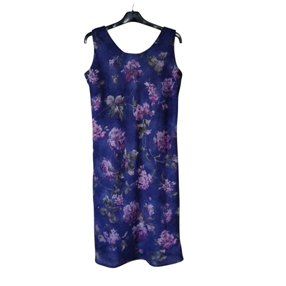 Karin Stevens Purple Floral Blue Sleeveless Midi Sheath Dress Size 14 Vintage